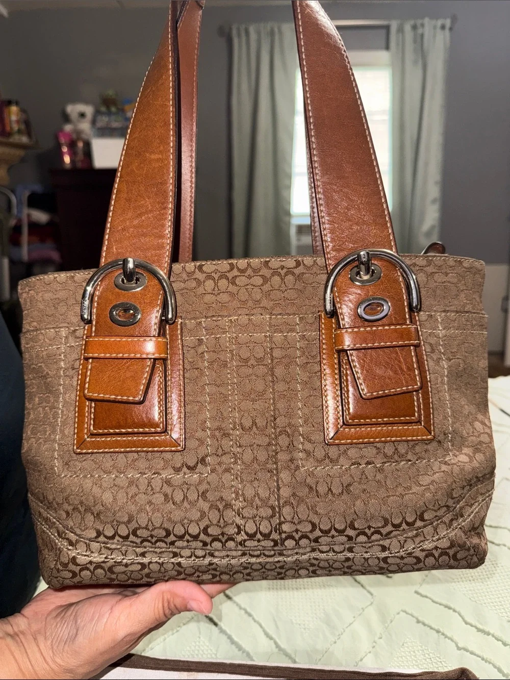 Coach Tan/Brown Signature Canvas Tote with Leather Handles